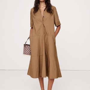 Cotton Poplin Tuxedo-Front Midi Dress