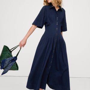 Stretch-Cotton Poplin Pintuck Long-Midi Shirt Dress