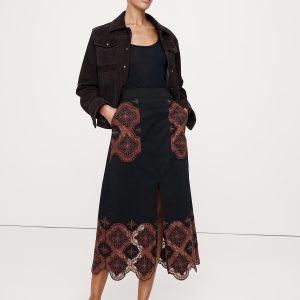 Embroidered Corduroy Midi Skirt